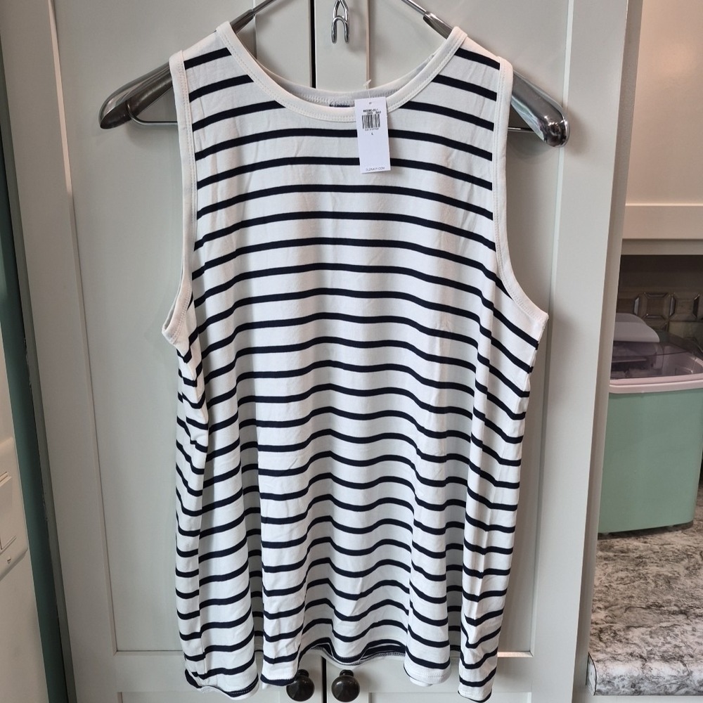 NWT Womens OLD NAVY Size L White/Blue Striped Luxe High Neck Tank Top